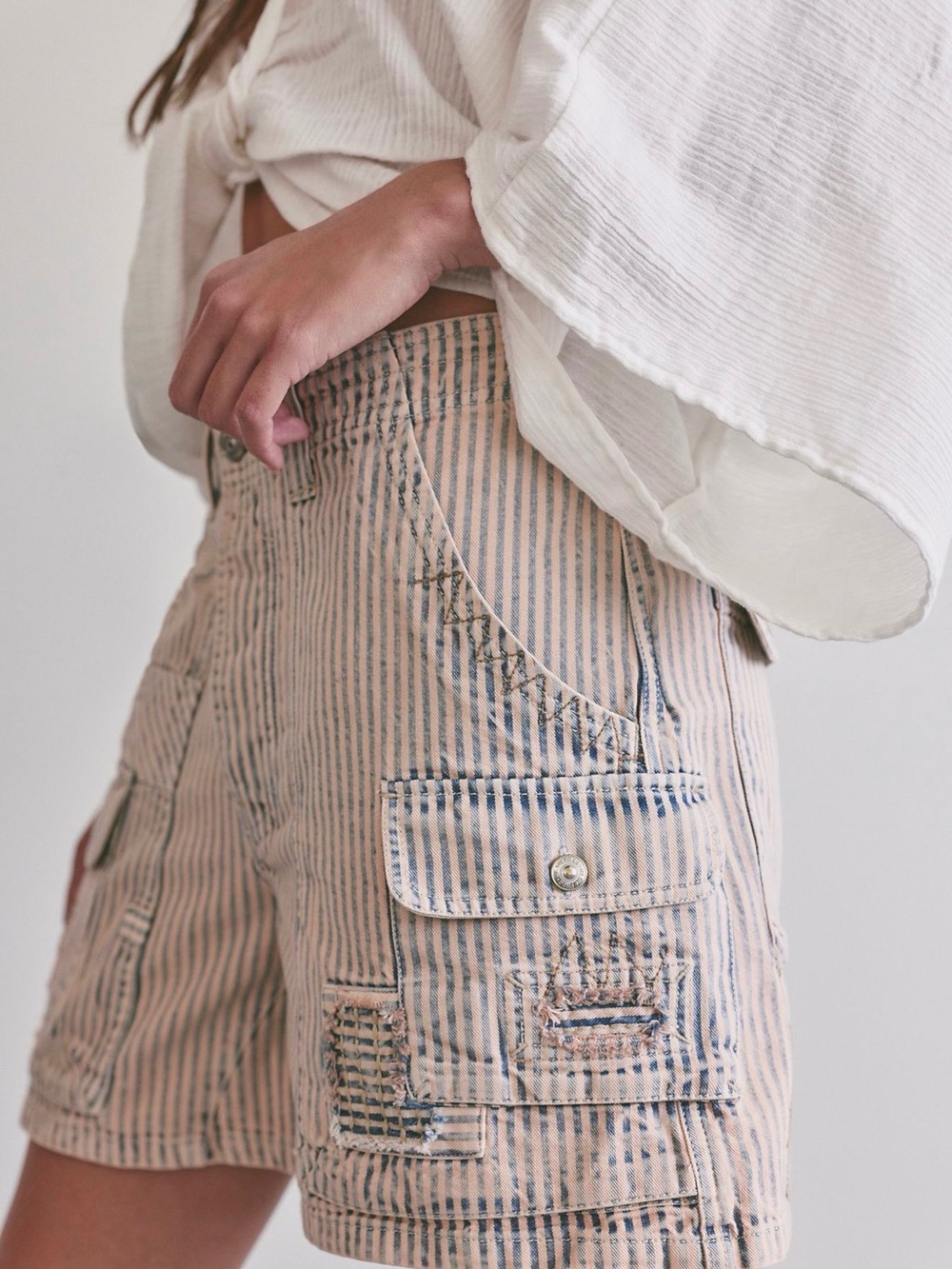 We The Free Striped Cargo Shorts in Blush and Blue